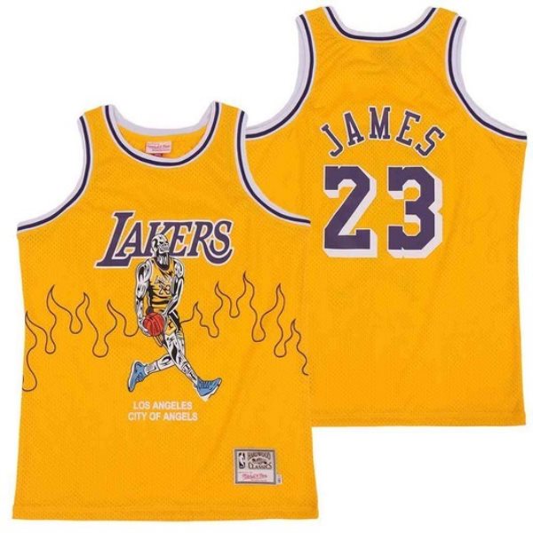 NBA Lakers 23 Lebron James Yellow Hardwood Classics Skull Edition Men Jersey