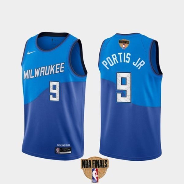 NBA Bucks 9 Bobby Portis JR 2021 Finals Blue City Edition Nike Men Jersey