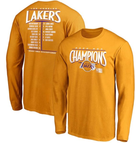 NBA Lakers Gold 2020 Finals Champions Streaking Dunk Roster Long Sleeve Hoodie