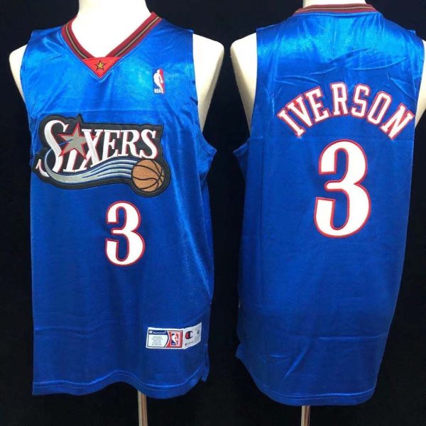 NBA 76ers Allen Iverson Light Blue Champion Men Jersey