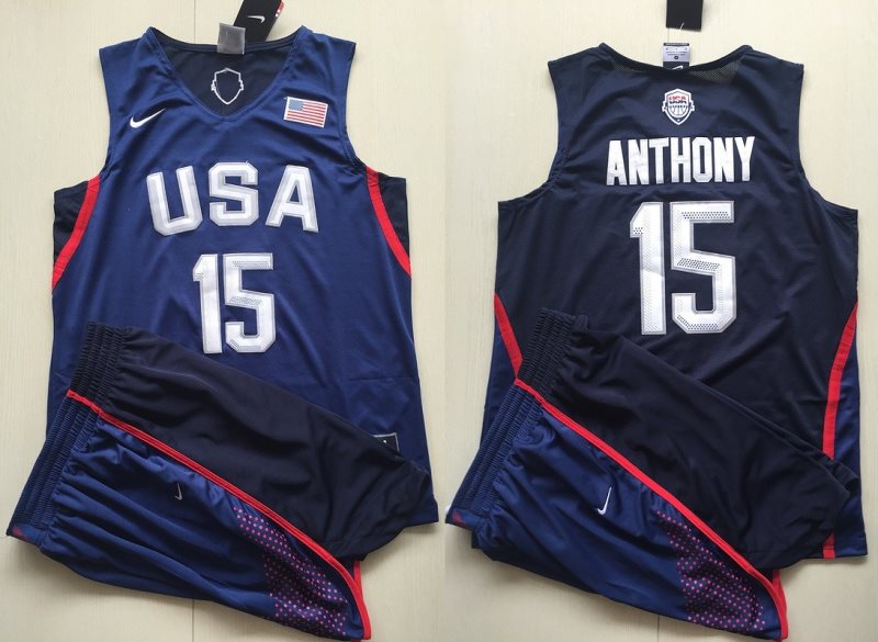 2016 Dream Team 15 Carmelo Anthony Dark Blue Basketball Jersey and Shorts