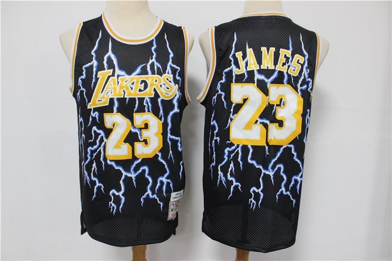 NBA Lakers 23 Lebron James Black Hardwood Classics Lightning Edition Men Jersey