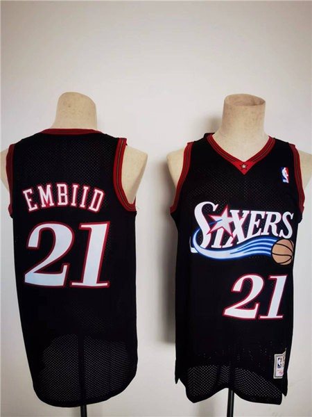 NBA 76ers 21 Joel Embiid Mitchell & Ness Black Classics Basketball Men Jersey