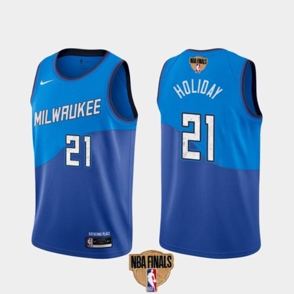 NBA Bucks 21 Jrue Holiday 2021 Finals Blue City Edition Nike Men Jersey