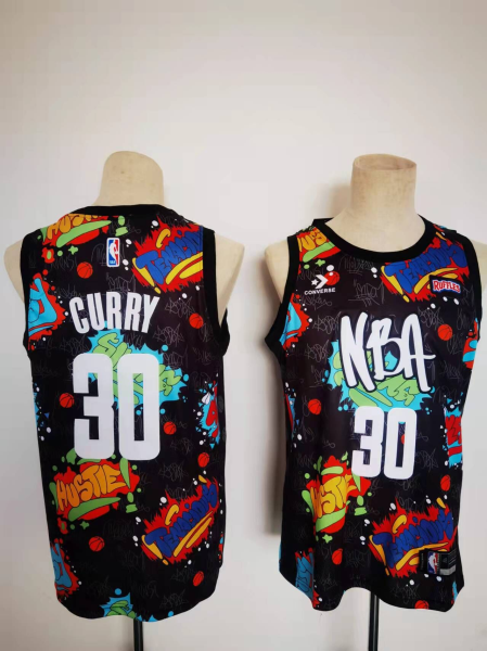 NBA Warriors 30 Stephen Curry Pop Culture Street Art Black Men Jersey