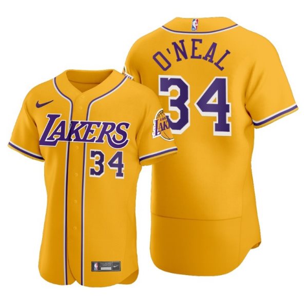 Nike Lakers 34 Shaquille O'Neal Gold 2020 NBA X MLB Crossover Edition Men Jersey