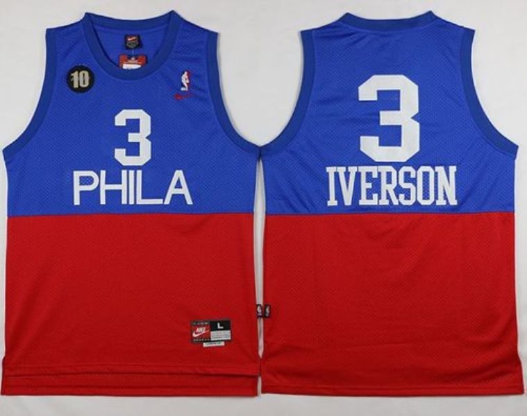 NBA 76ers 3 Allen Iverson Red Blue Nike Throwback 10th Anniversary Men Jersey