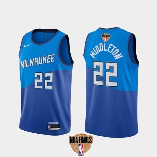 NBA Bucks 22 Khris Middleton 2021 Finals Blue City Edition Nike Men Jersey