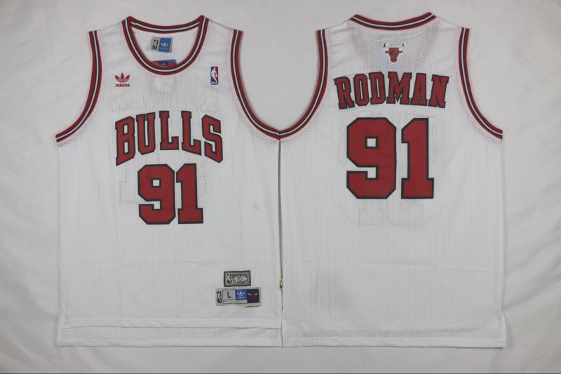 NBA Bulls 91 Dennis Rodman White Mesh Hardwood Classics Men Jersey