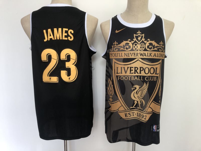 NBA Lakers 23 James Liverpool Black Gold Nike Men Jersey