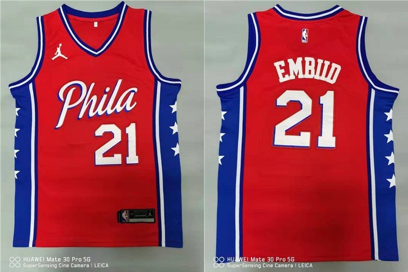 NBA 76ers 21 Joel Embiid Red Jordan Men Jersey