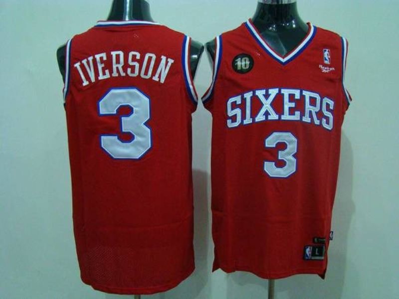 NBA 76ers 3 Allen Iverson Red Reebok 10TH Throwback Men Jersey