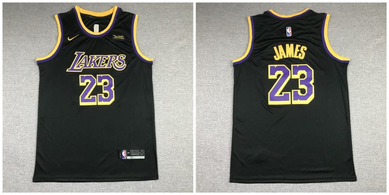 NBA Lakers 23 LeBron James Black Gold Nike Men Jersey