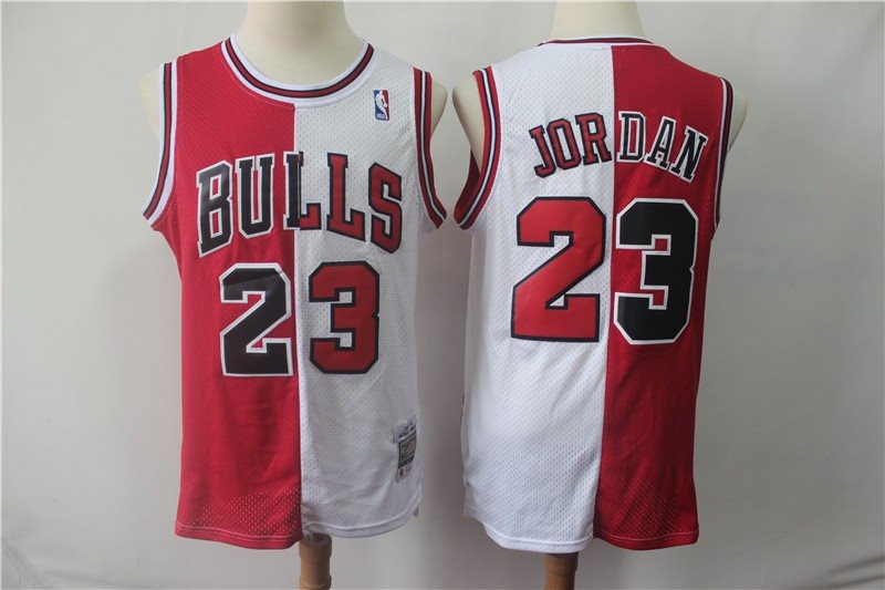 NBA Bulls 23 Michael Jordan Red&White Split Hardwood Classics Men Jersey