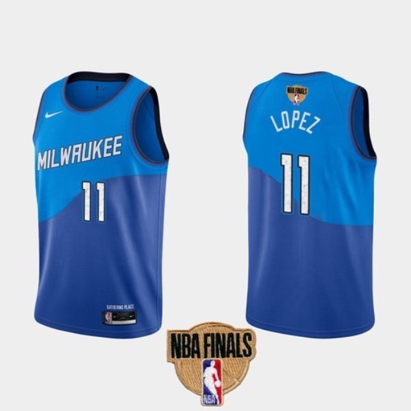 NBA Bucks 11 Brook Lopez 2021 Finals Blue City Edition Nike Men Jersey