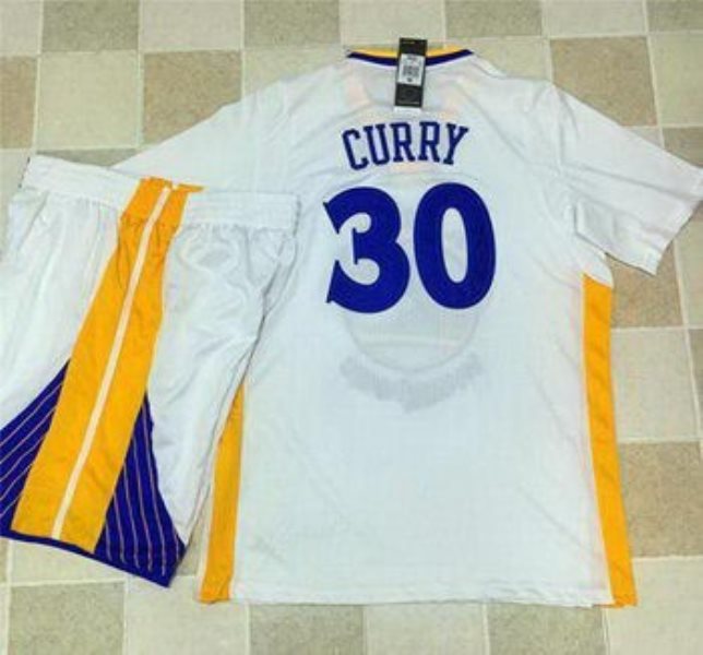 NBA Warriors 30 Stephen Curry White Short Sleeve Men Jersey with Shorts