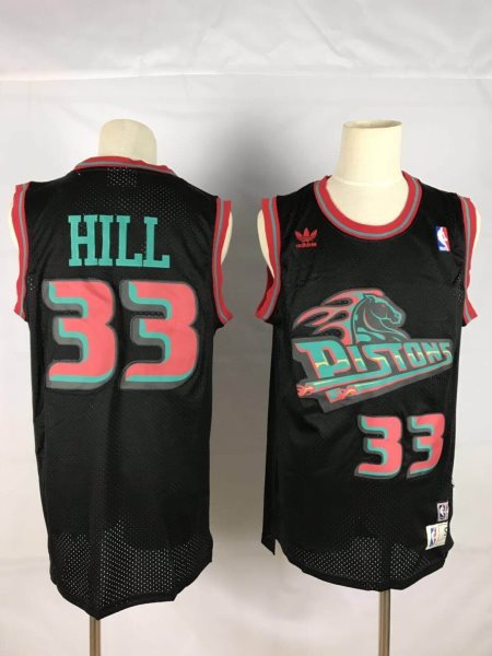 NBA Pistons 33 Grant Hill Black Hardwood Classics Throwback Men Jersey