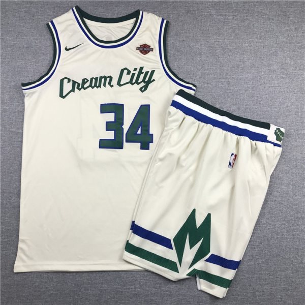 NBA Bucks 34 Giannis Antetokounmpo Cream 2019-20 City Edition Nike Men Jersey(With Shorts)