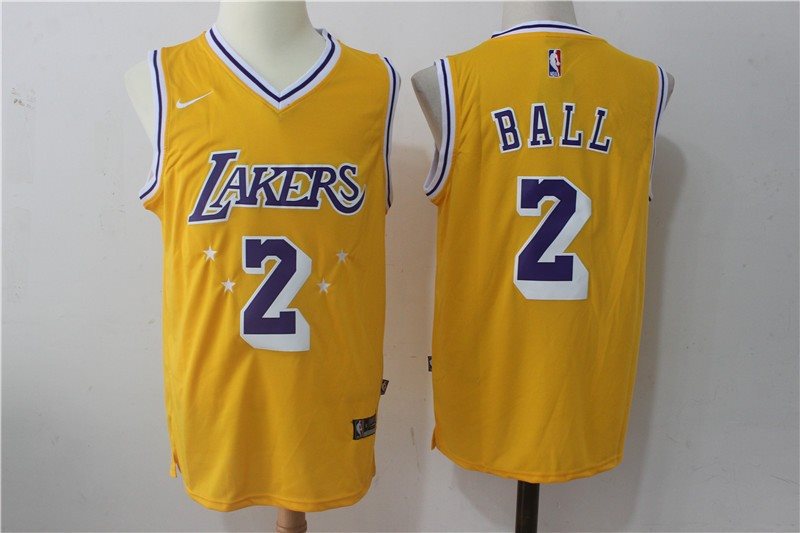 Nike NBA Lakers 2 Lonzo Ball Yellow w Purple Number Men Jersey