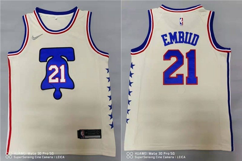 NBA 76ers 21 Joel Embiid Cream Earned Men Jersey