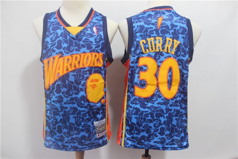 NBA Warriors Bape 30 Stephen Curry Blue Hardwood Classics Men Jersey