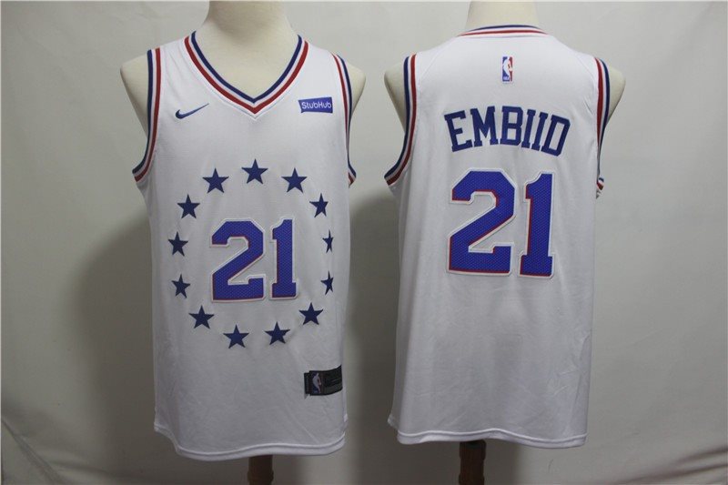 NBA 76ers 21 Joel Embiid White Earned Edition Nike Men Jersey