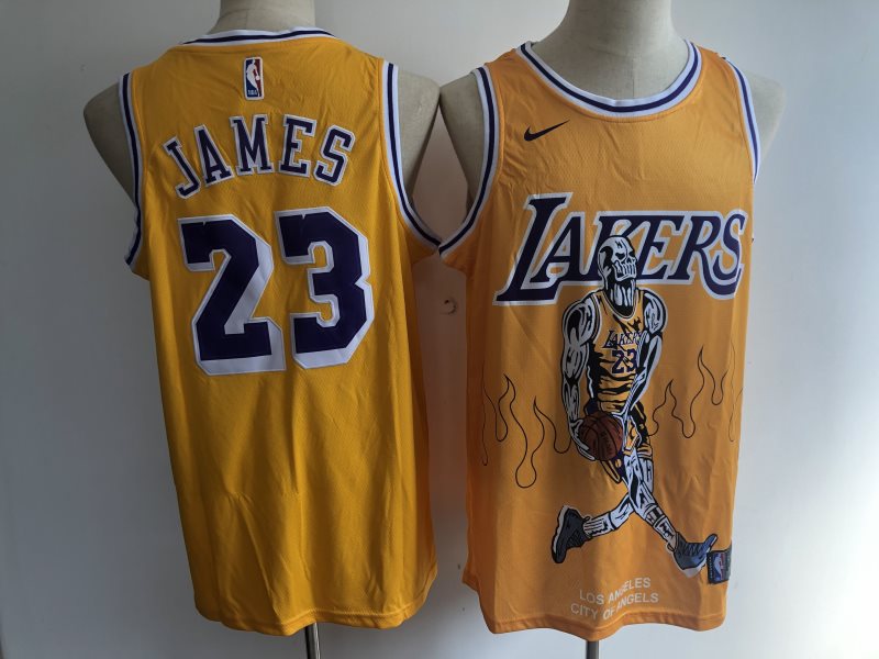 NBA Lakers 23 James SKULL Yellow Nike Men Jersey