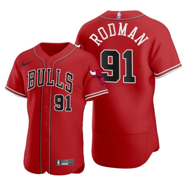 Nike Bulls 91 Dennis Rodman Red 2020 NBA X MLB Crossover Edition Men Jersey