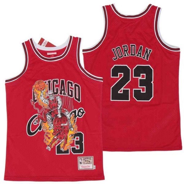 NBA Bulls 23 Michael Jordan Red Hardwood Classics Skull Edition Men Jersey