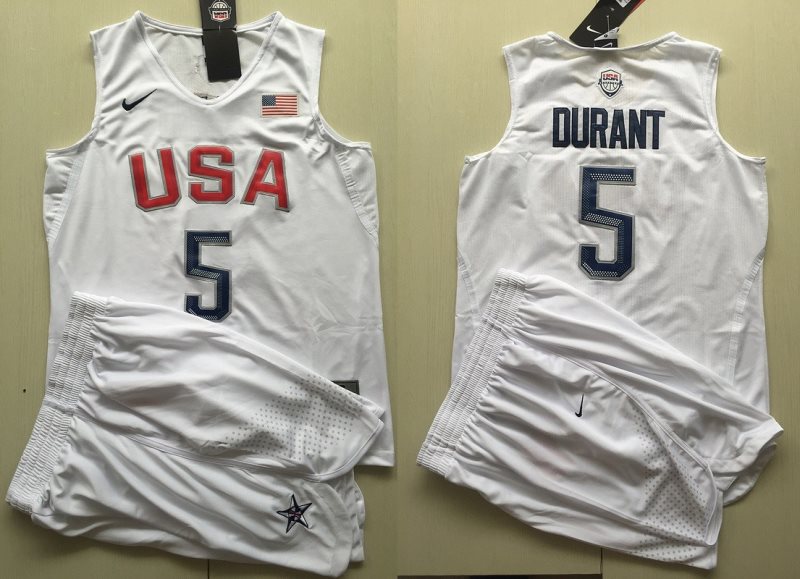2016 Dream Team 5 Kevin Durant White Basketball Jersey and Shorts
