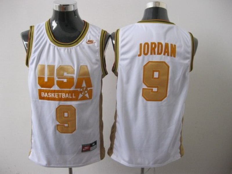 Dream Team USA Olympic No.9 Michael Jordan White With Gold Number Olympic Men's Basketball Jersey