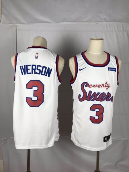 NBA 76ers 3 Allen Iverson White Throwback Number Men Jersey