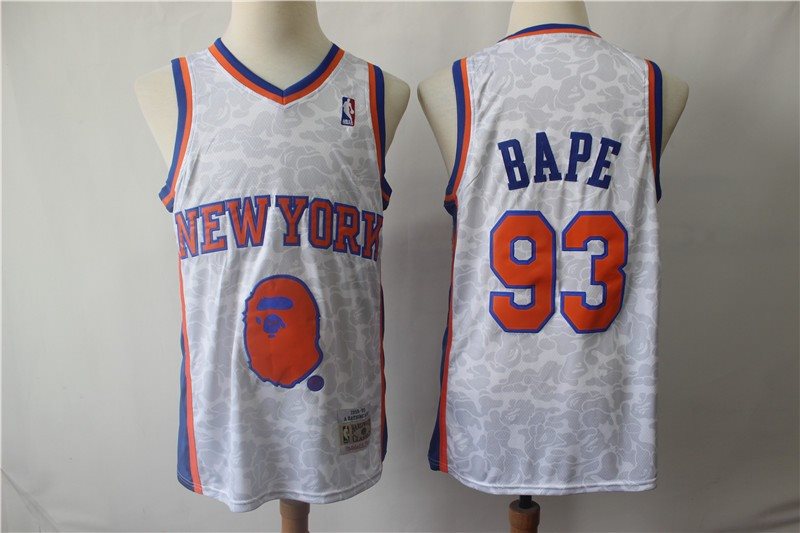 NBA Knicks 93 Bape White Hardwood Classics Men Jersey