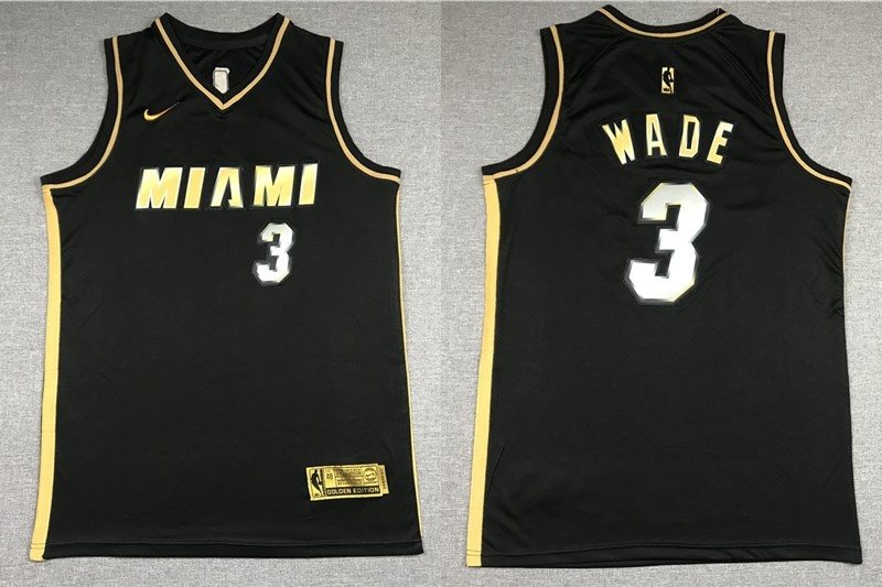 NBA Heat 3 Dwyane Wade Black Gold Men Jersey