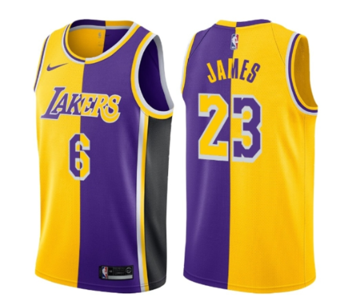 Nike Lakers 6 & 23 Lebron James Gold Purple Split Men Jersey