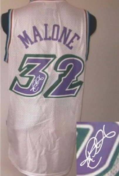 NBA Jazz 32 Karl Malone White Autographed Men Jersey