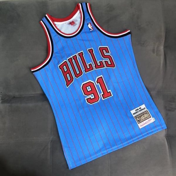 NBA Bulls 91 Dennis Rodman Blue Throwback 95-96 Men Jersey