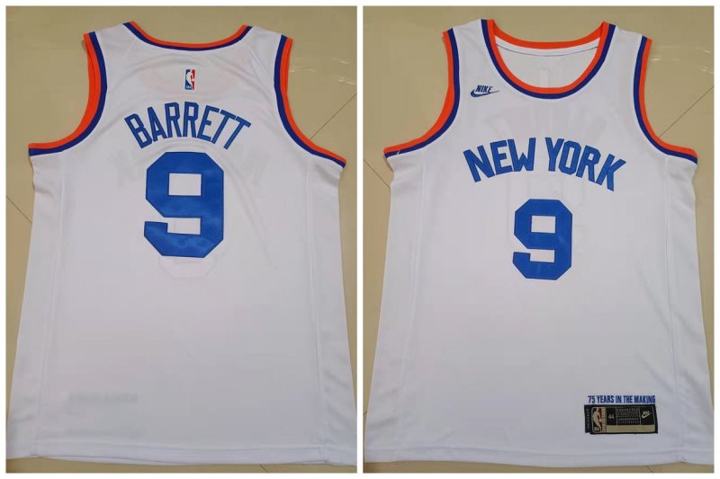 NBA Knicks 9 R.J. Barrett White 75th anniversary Men Jersey