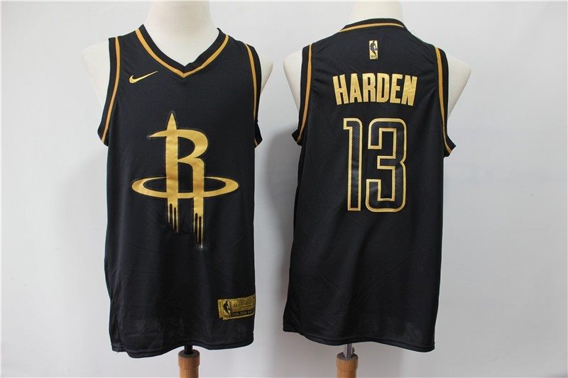 NBA Rockets 13 James Harden Black Gold Nike Men Jersey