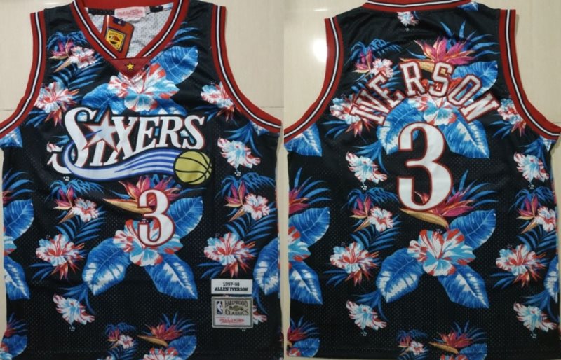 NBA 76ers 3 Allen Iverson Black 1997-98 Hardwood Classics Floral Fashion Men Jersey