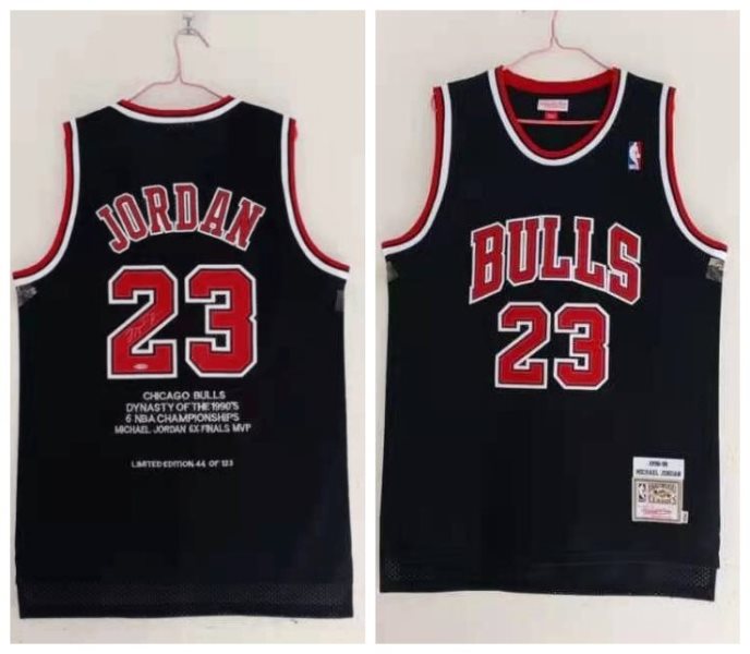 NBA Bulls 23 Michael Jordan Red 1995-98 Black Champion Men Jersey