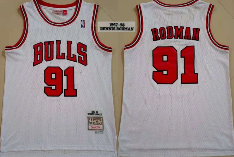 NBA Bulls 91 Dennis Rodman White 1997-98 Hardwood Classics Men Jersey
