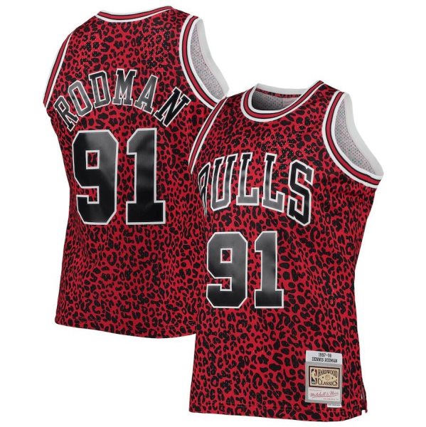 NBA Bulls 91 Dennis Rodman Red Mitchell & Ness Classics Wildlife Men Jersey