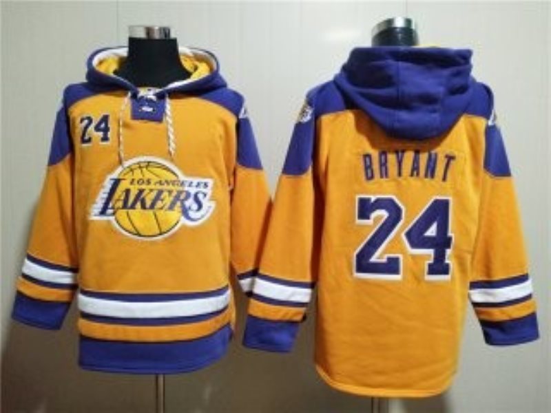 NBA Lakers 24 Kobe Bryant Yellow Lace-Up Pullover Hoodie