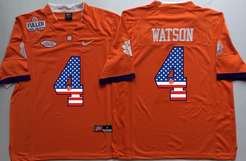 NCAA Clemson Tigers 4 Deshaun Watson Orange 1975 1978 Fuller USA Flag Men Jersey