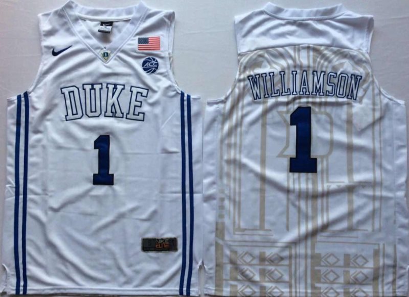 NCAA Duke Blue Devils 1 Zion Williamson White Nike College Basketball Elite Men Jersey