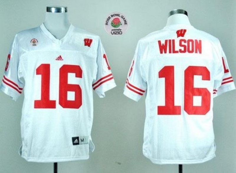 NCAA Wisconsin Badgers 16 Russell Wilson White Rose Bowl Game Men Jersey