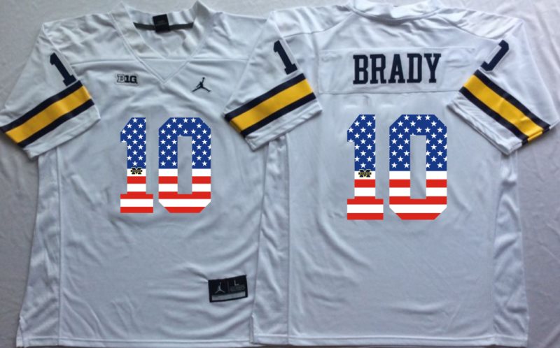 NCAA Michigan Wolverines 10 Tom Brady White USA Flag Men Jersey