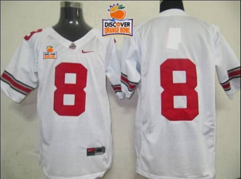NCAA Ohio State Buckeyes 8 White 2014 Discover Orange Bowl Patch Men Jersey