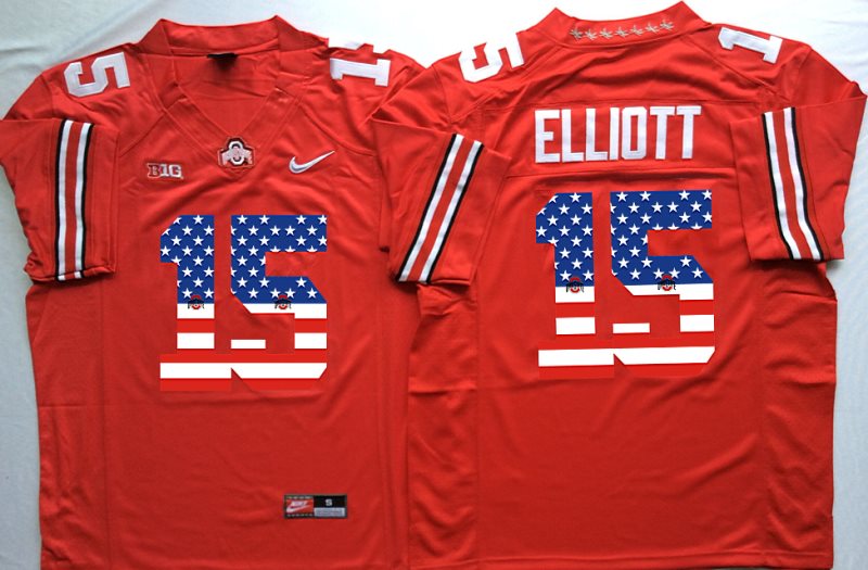 NCAA Ohio State Buckeyes 15 Ezekiel Elliott Red USA Flag Football Men Jersey